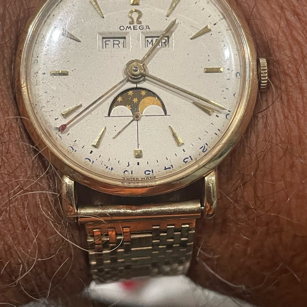 Rare vintage 1951 Omega Triple date with moon face, 14k solid gold bracelet